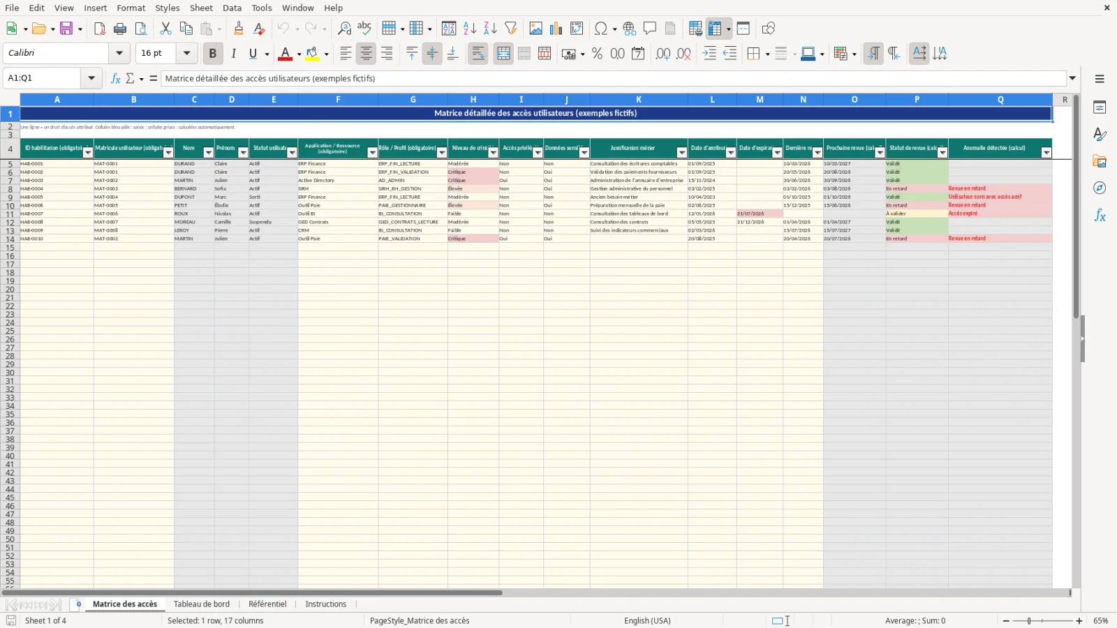 Capture d'écran 1 : Feuille Matrice des accès - Modèle Excel matrice de contrôle des accès utilisateurs Excel