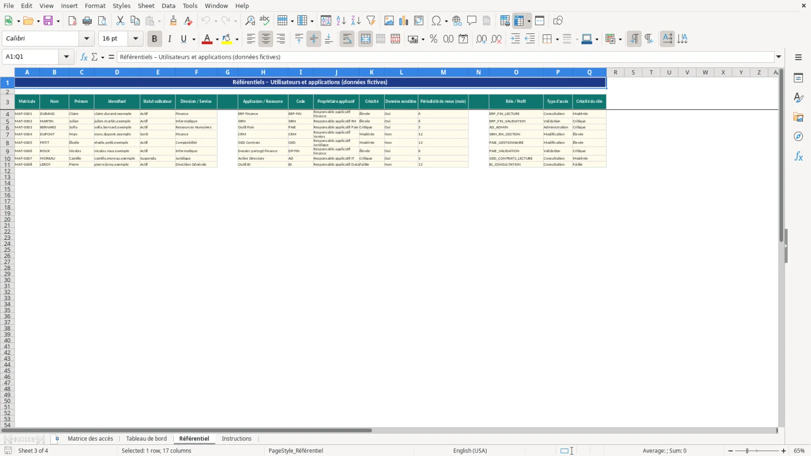 Capture d'écran 3 : Feuille Référentiel - Modèle Excel matrice de contrôle des accès utilisateurs Excel