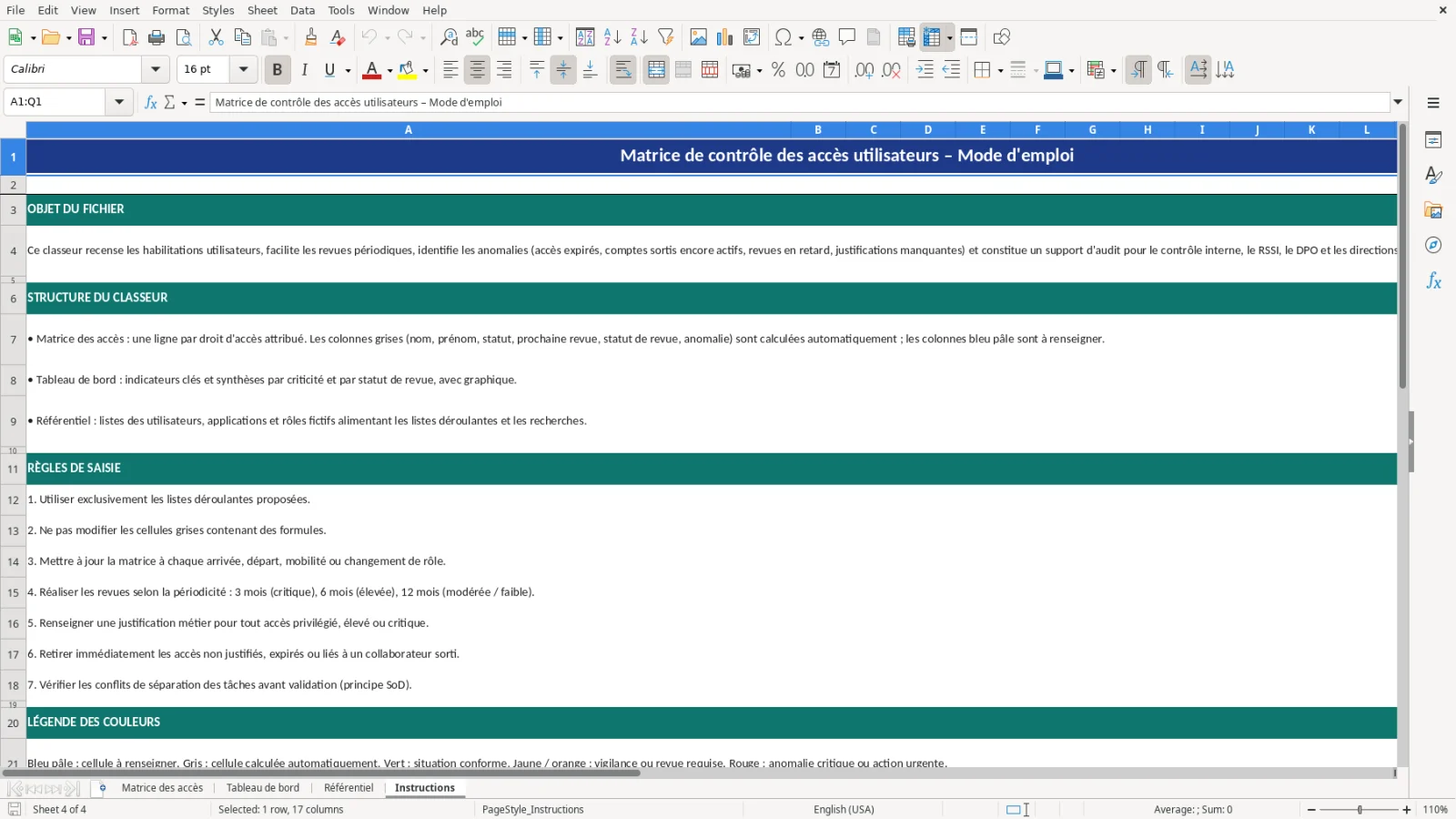 Capture d'écran 4 : Feuille Instructions - Modèle Excel matrice de contrôle des accès utilisateurs Excel