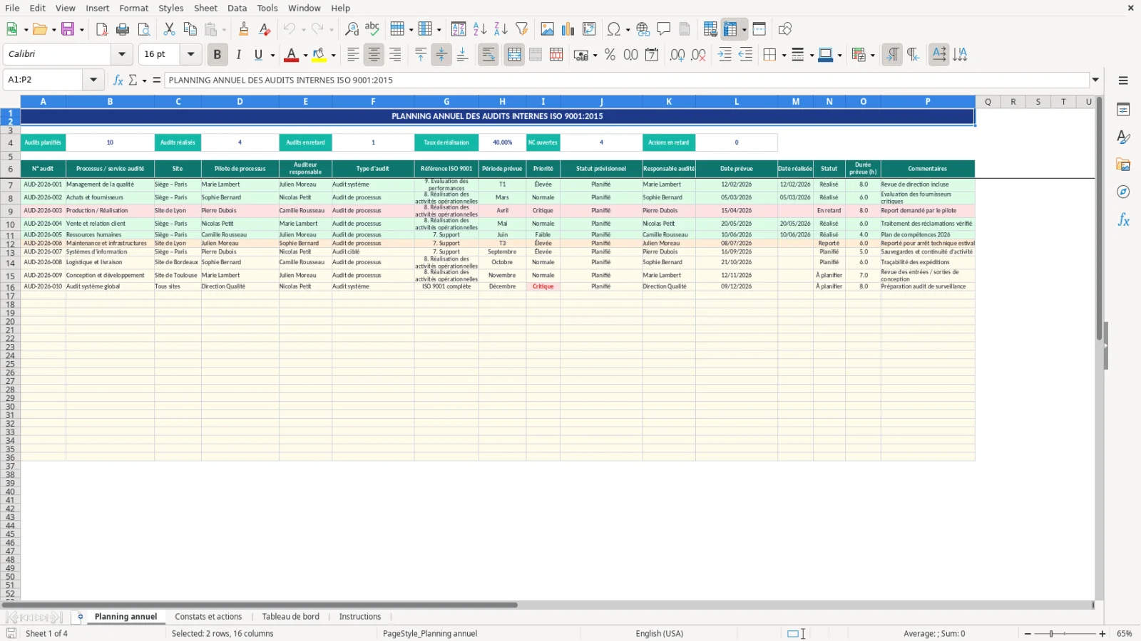 Capture d'écran 1 : Feuille Planning annuel - Modèle Excel planning des audits internes ISO 9001 Excel