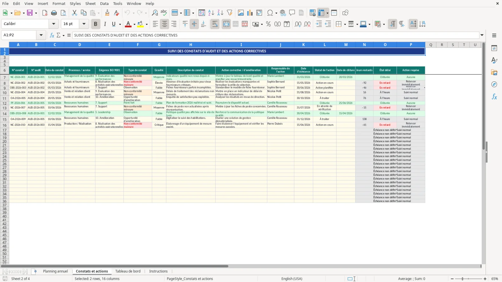 Capture d'écran 2 : Feuille Constats et actions - Modèle Excel planning des audits internes ISO 9001 Excel