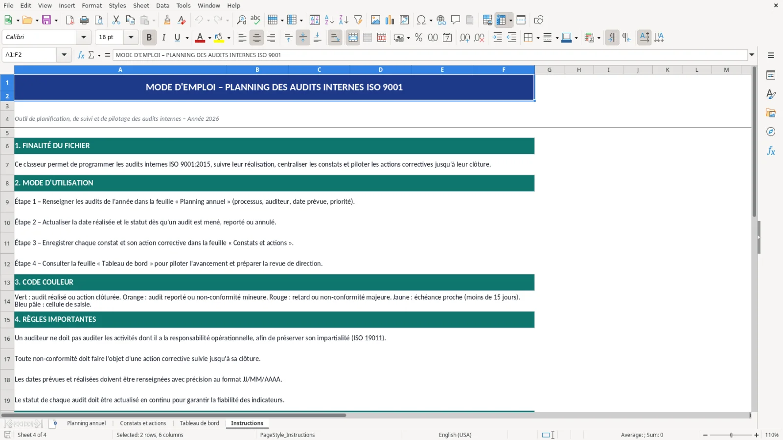 Capture d'écran 4 : Feuille Instructions - Modèle Excel planning des audits internes ISO 9001 Excel