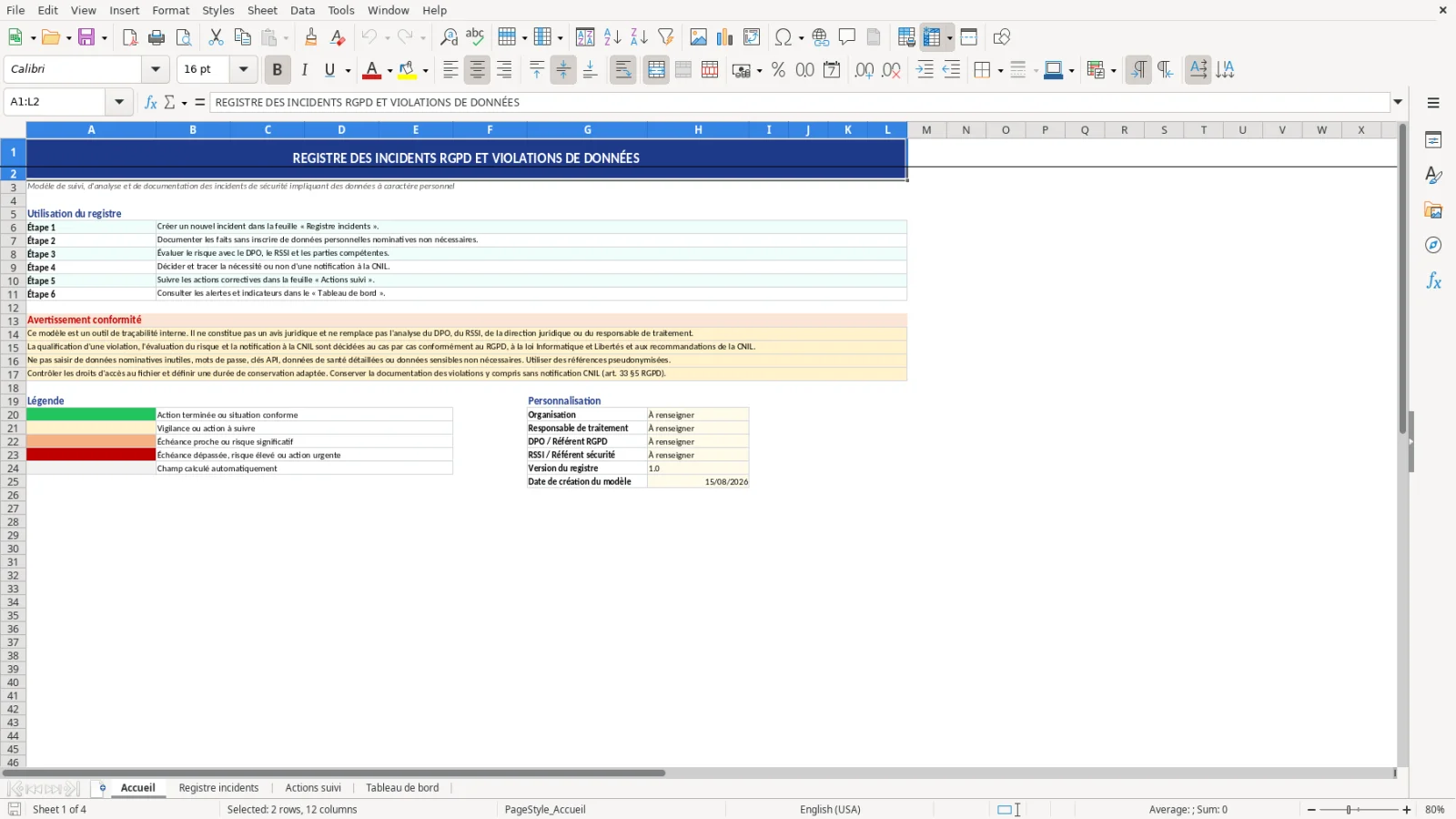 Capture d'écran 1 : Feuille Accueil - Modèle Excel registre des incidents RGPD et violations de données Excel