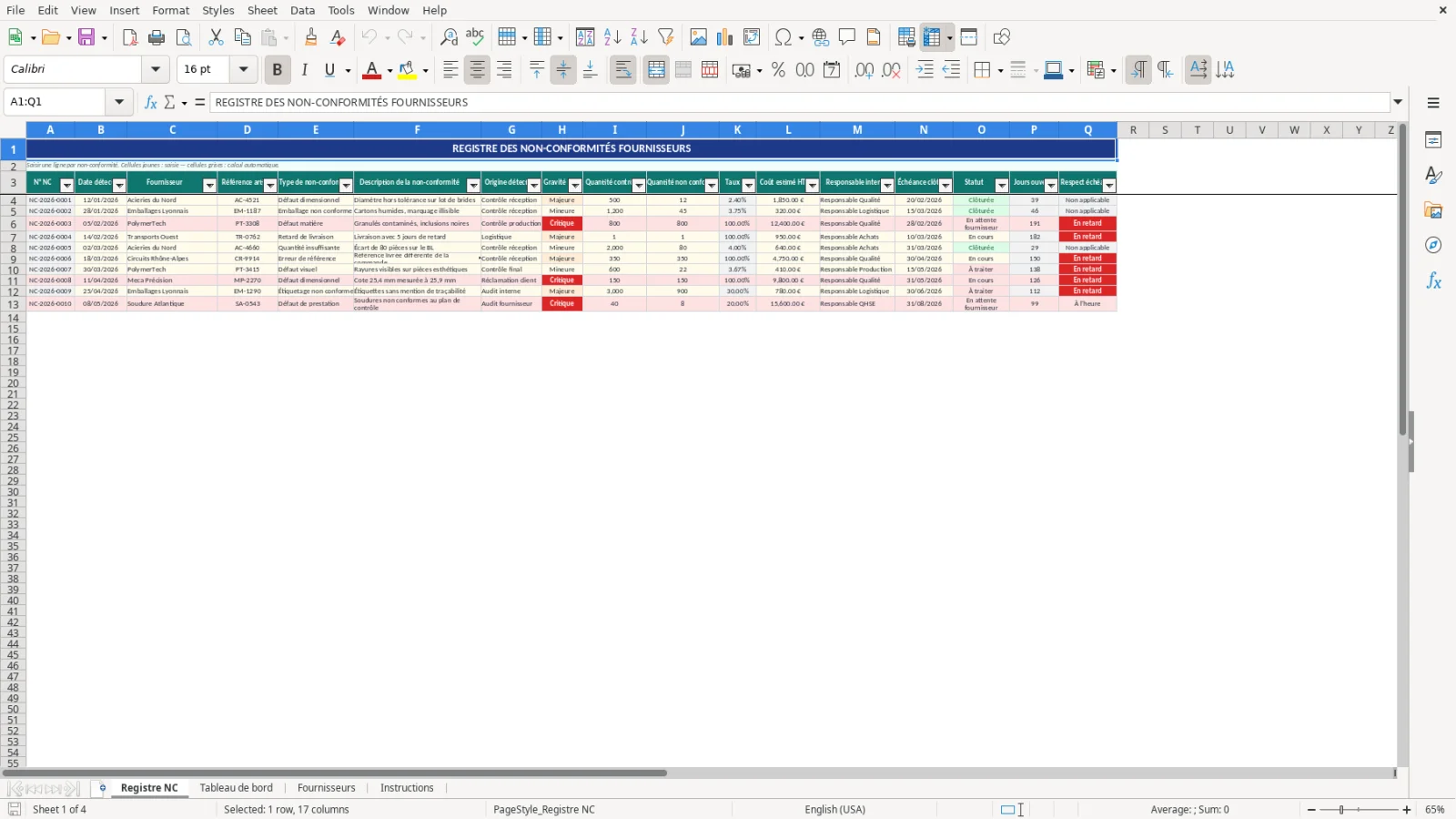Capture d'écran 1 : Feuille Registre NC - Modèle Excel registre des non-conformités fournisseurs Excel