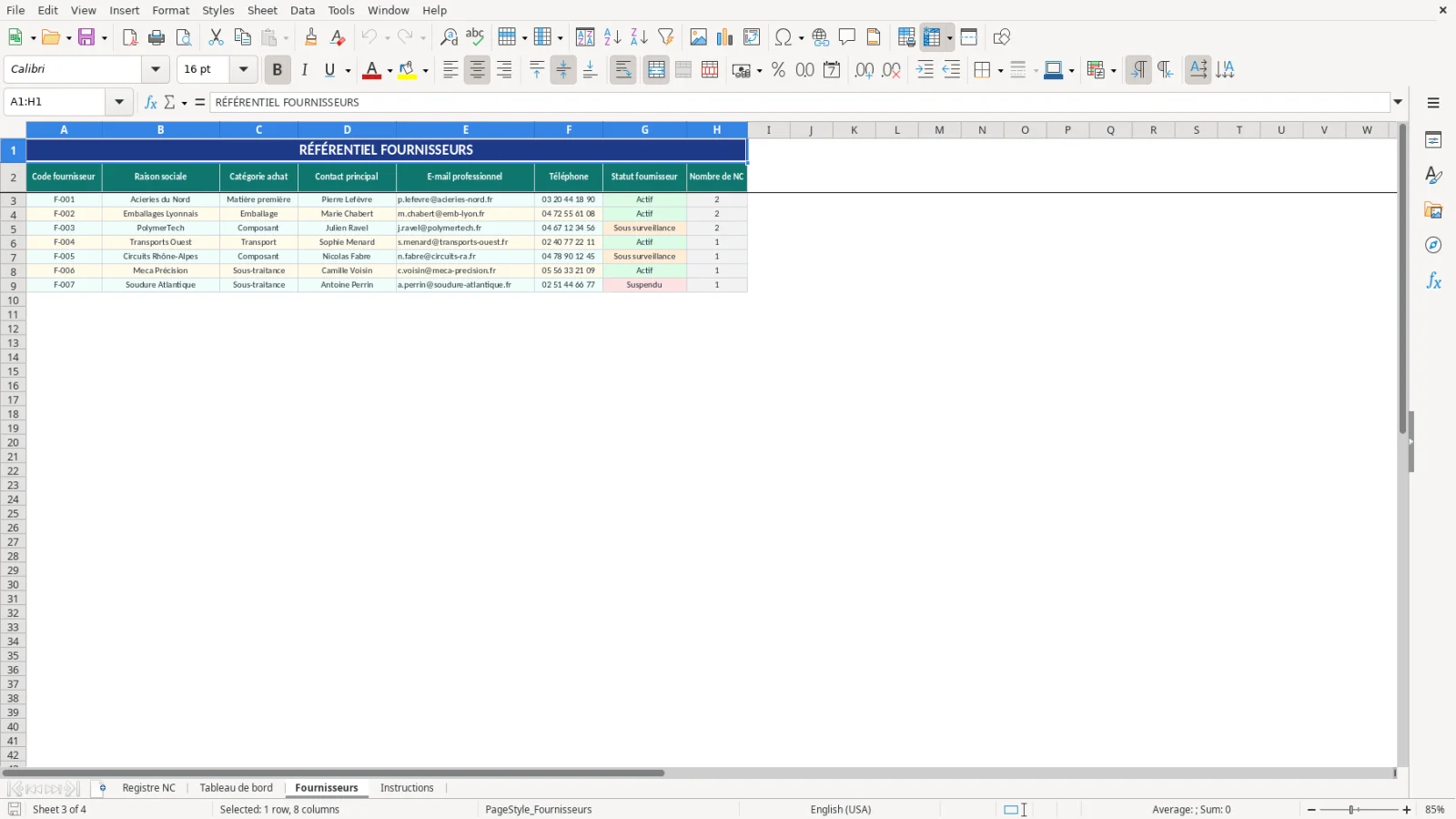 Capture d'écran 3 : Feuille Fournisseurs - Modèle Excel registre des non-conformités fournisseurs Excel