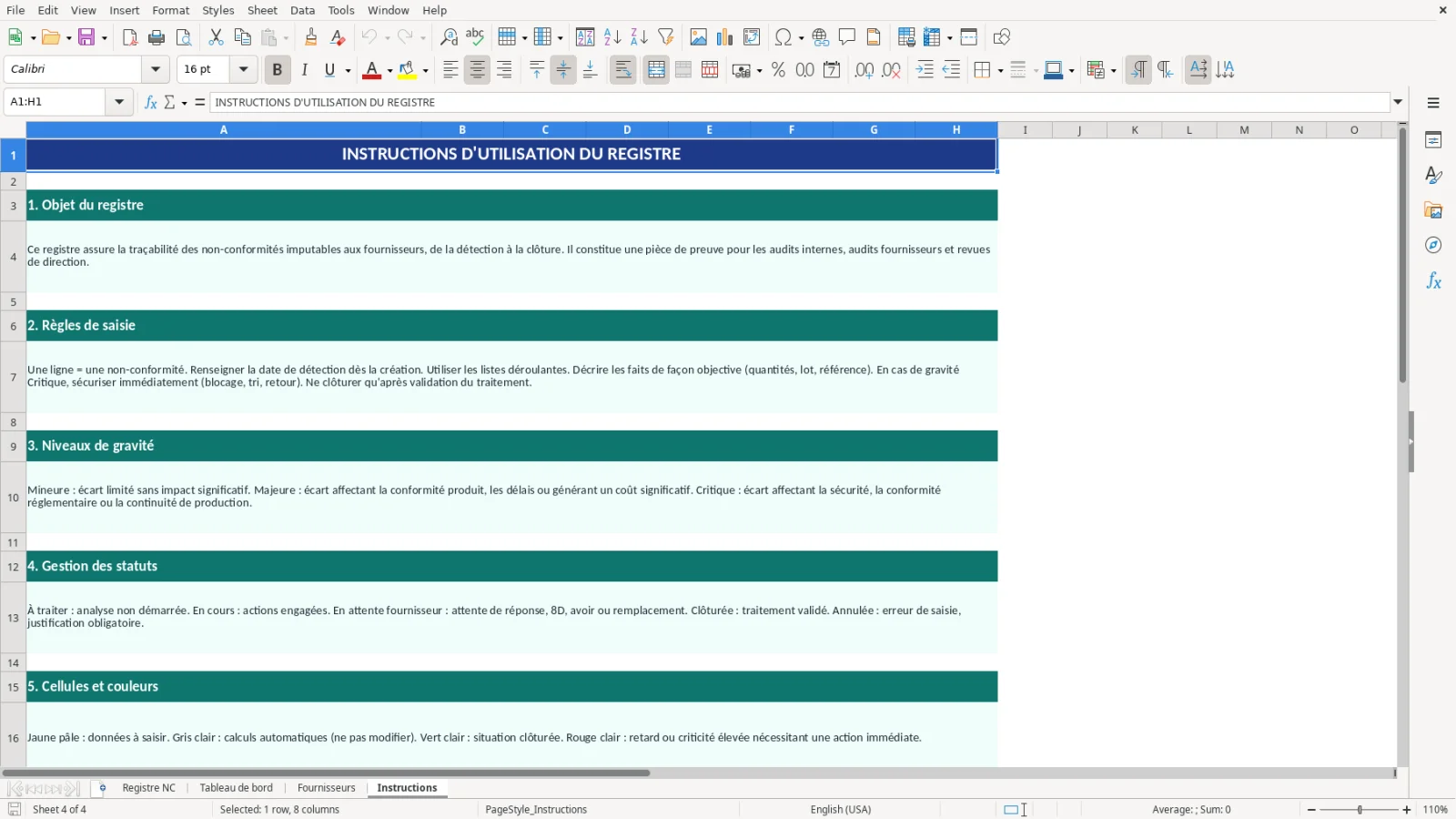 Capture d'écran 4 : Feuille Instructions - Modèle Excel registre des non-conformités fournisseurs Excel