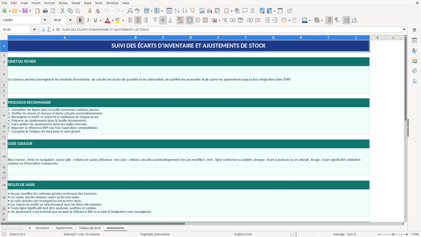 Capture d'écran 4 : Feuille Instructions - Modèle Excel suivi des écarts d'inventaire et ajustements Excel