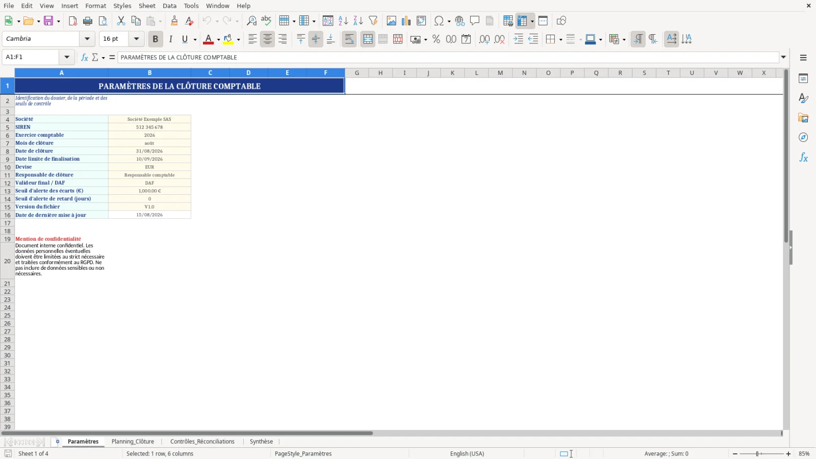 Capture d'écran 1 : Feuille Paramètres - Modèle Excel tableau de contrôle de clôture comptable mensuelle Excel