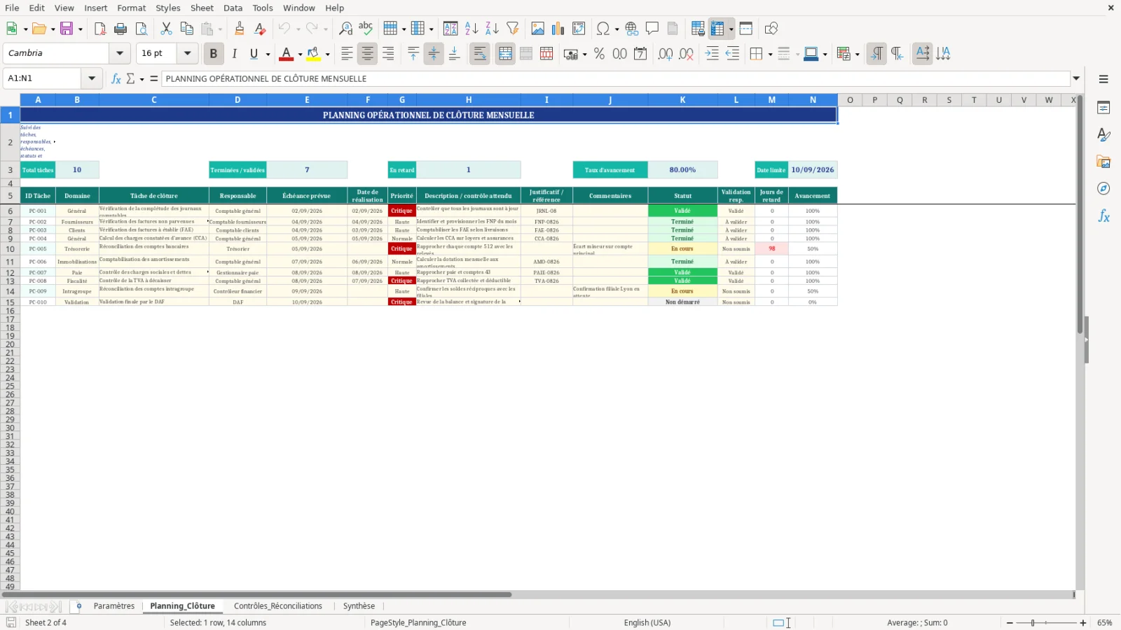 Capture d'écran 2 : Feuille Planning_Clôture - Modèle Excel tableau de contrôle de clôture comptable mensuelle Excel