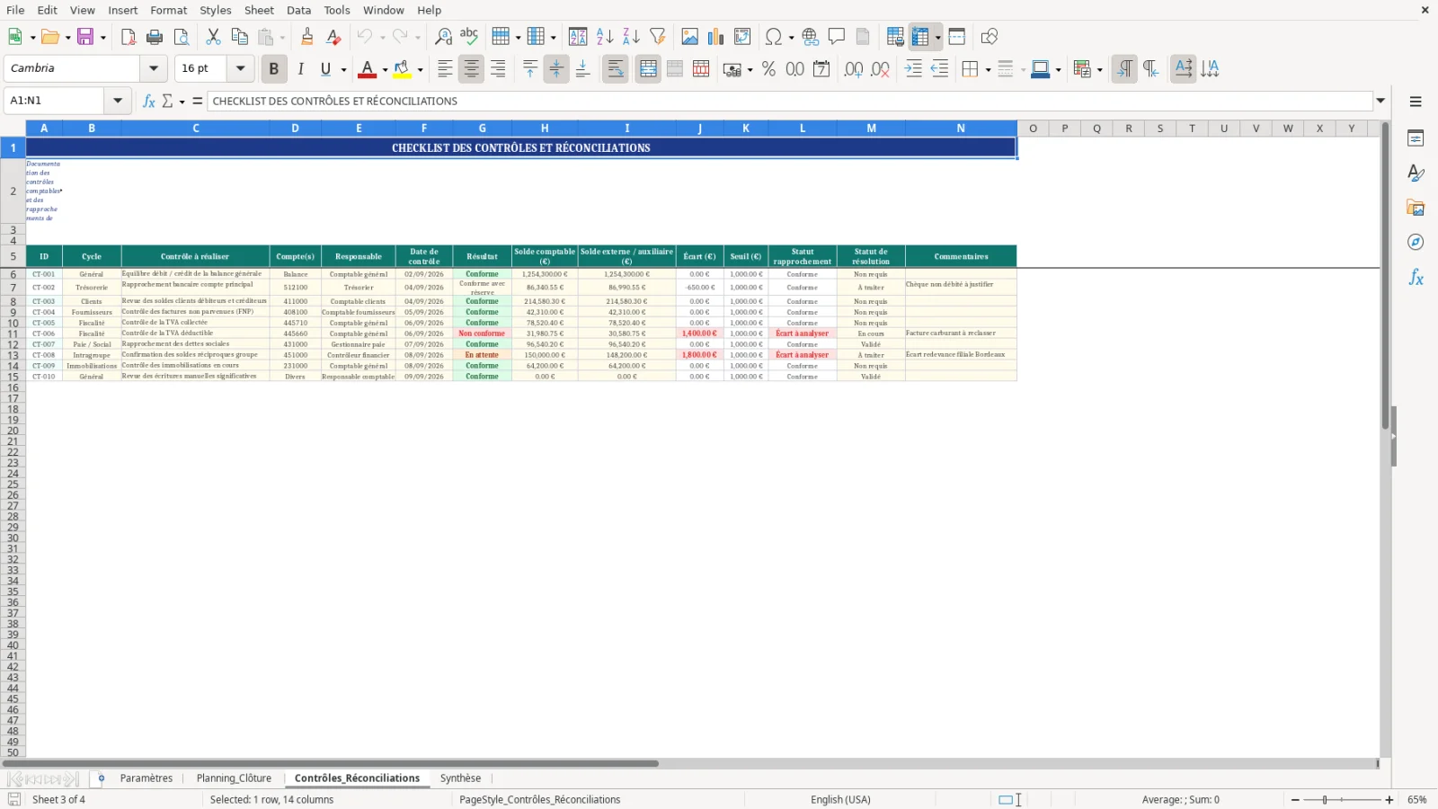 Capture d'écran 3 : Feuille Contrôles_Réconciliations - Modèle Excel tableau de contrôle de clôture comptable mensuelle Excel