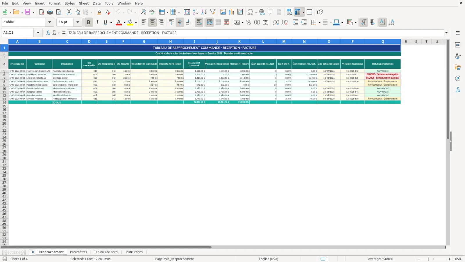 Capture d'écran 1 : Feuille Rapprochement - Modèle Excel tableau de rapprochement commande-réception-facture Excel