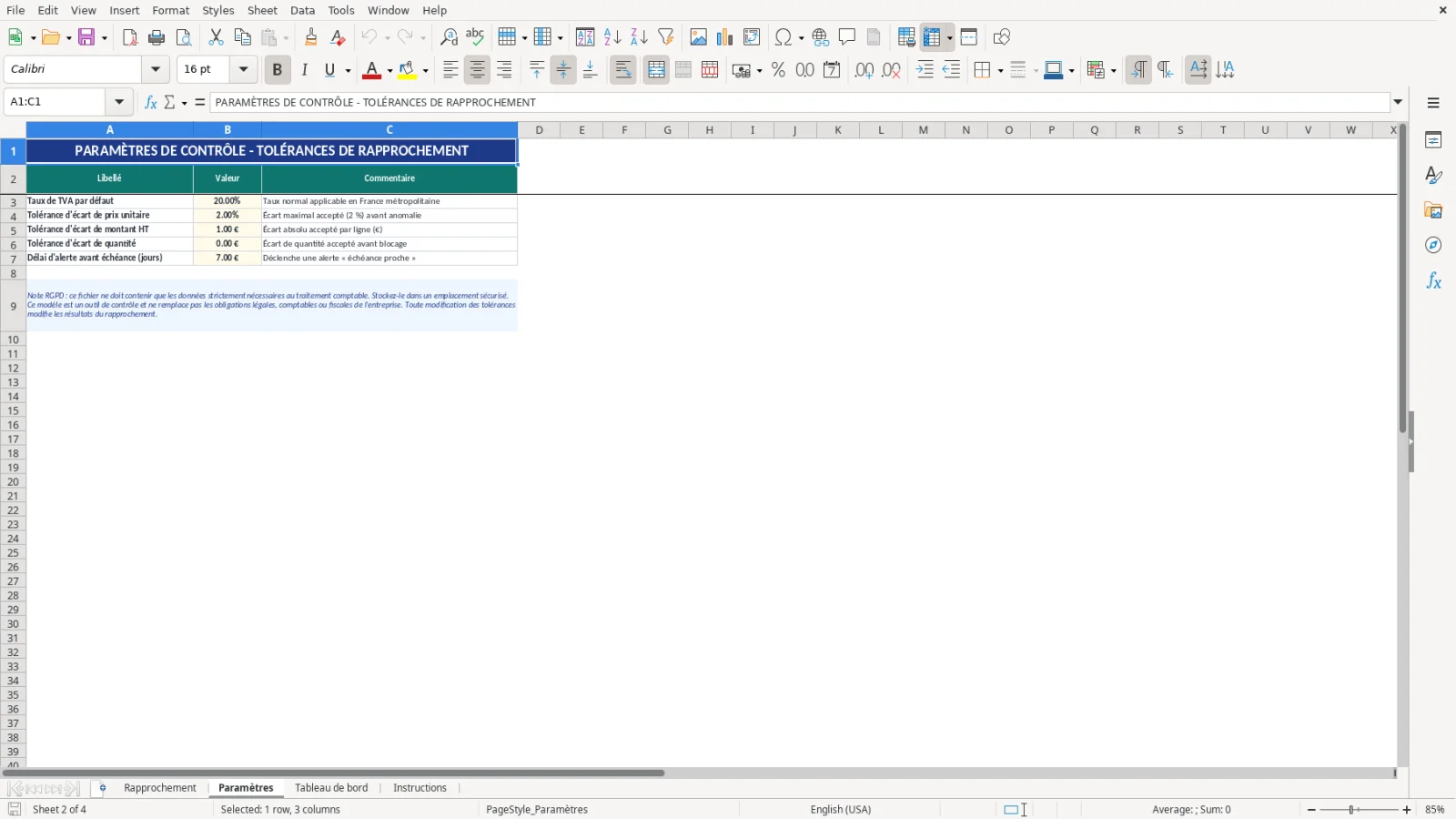 Capture d'écran 2 : Feuille Paramètres - Modèle Excel tableau de rapprochement commande-réception-facture Excel