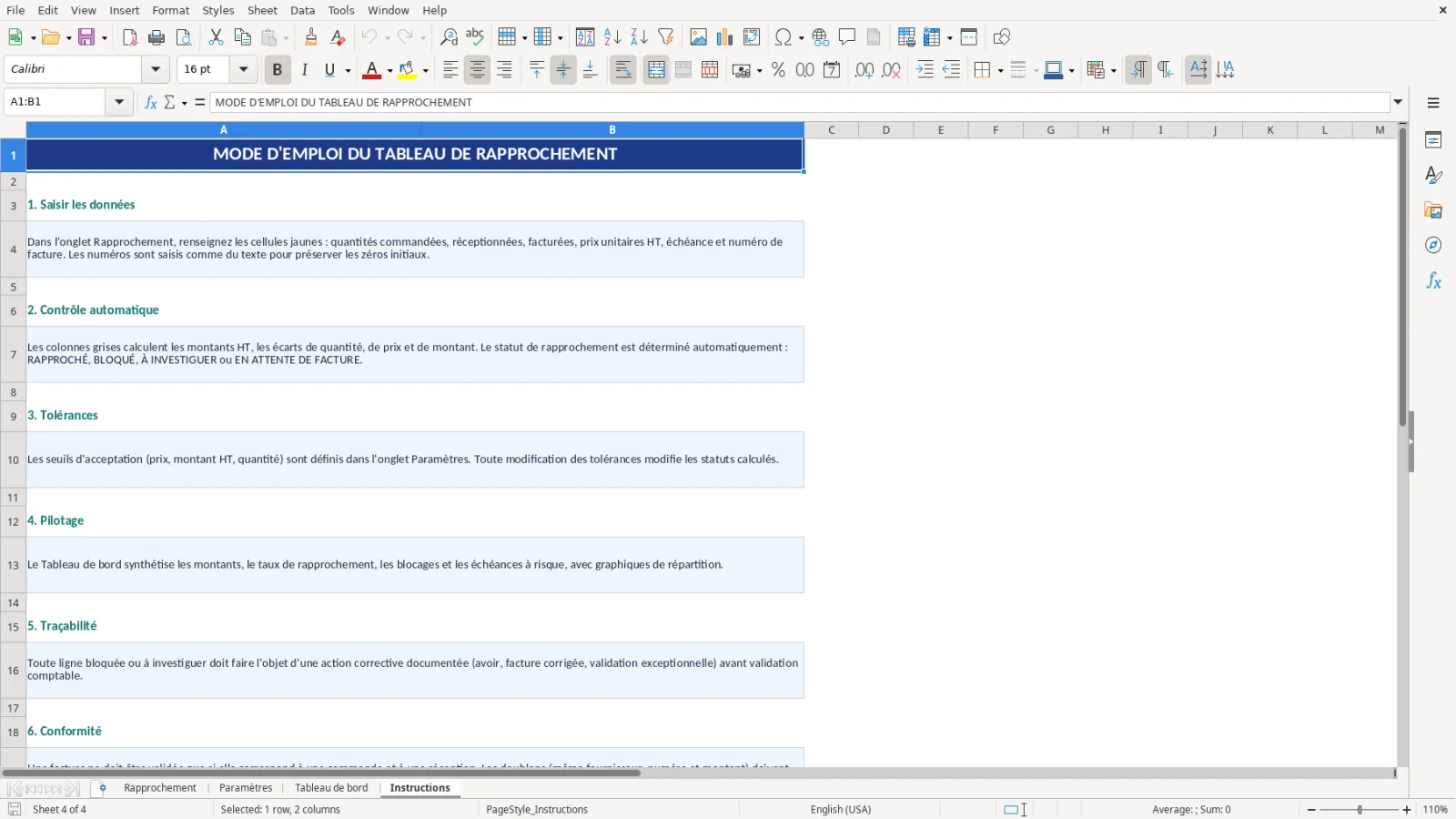 Capture d'écran 4 : Feuille Instructions - Modèle Excel tableau de rapprochement commande-réception-facture Excel