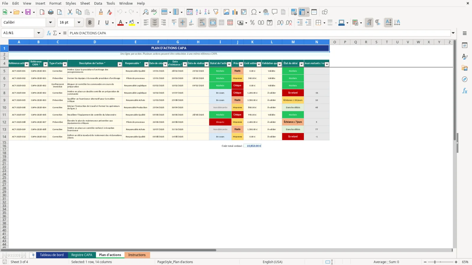 Capture d'écran 3 : Feuille Plan d'actions - Modèle Excel tableau de suivi des actions correctives et préventives CAPA Excel