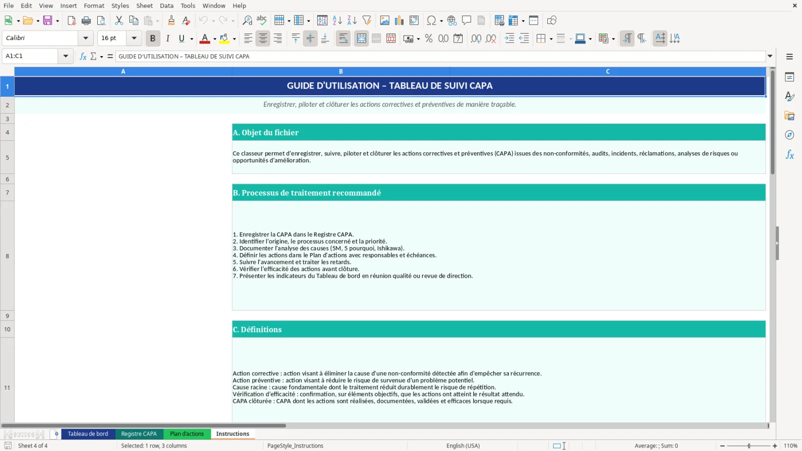Capture d'écran 4 : Feuille Instructions - Modèle Excel tableau de suivi des actions correctives et préventives CAPA Excel