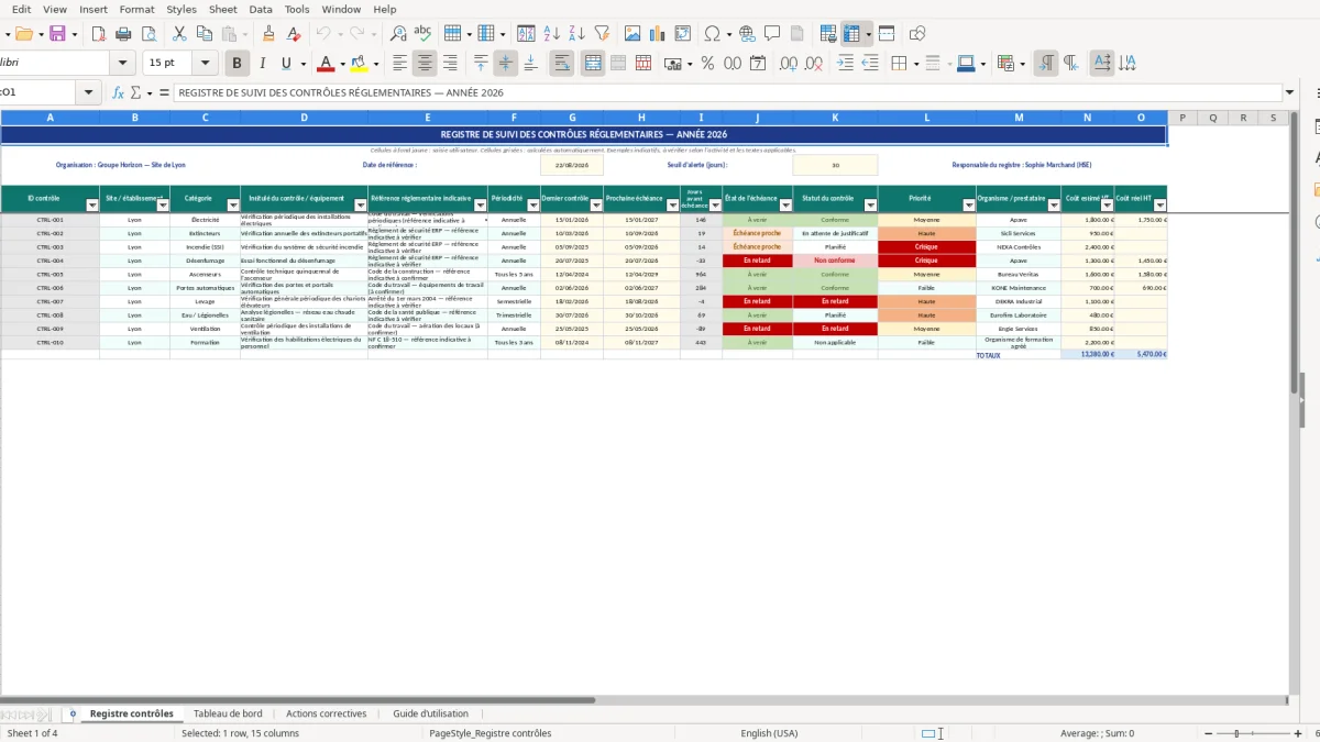 Screenshot 1: Registre contrôles tab - Excel template tableau de suivi des contrôles réglementaires excel 2026