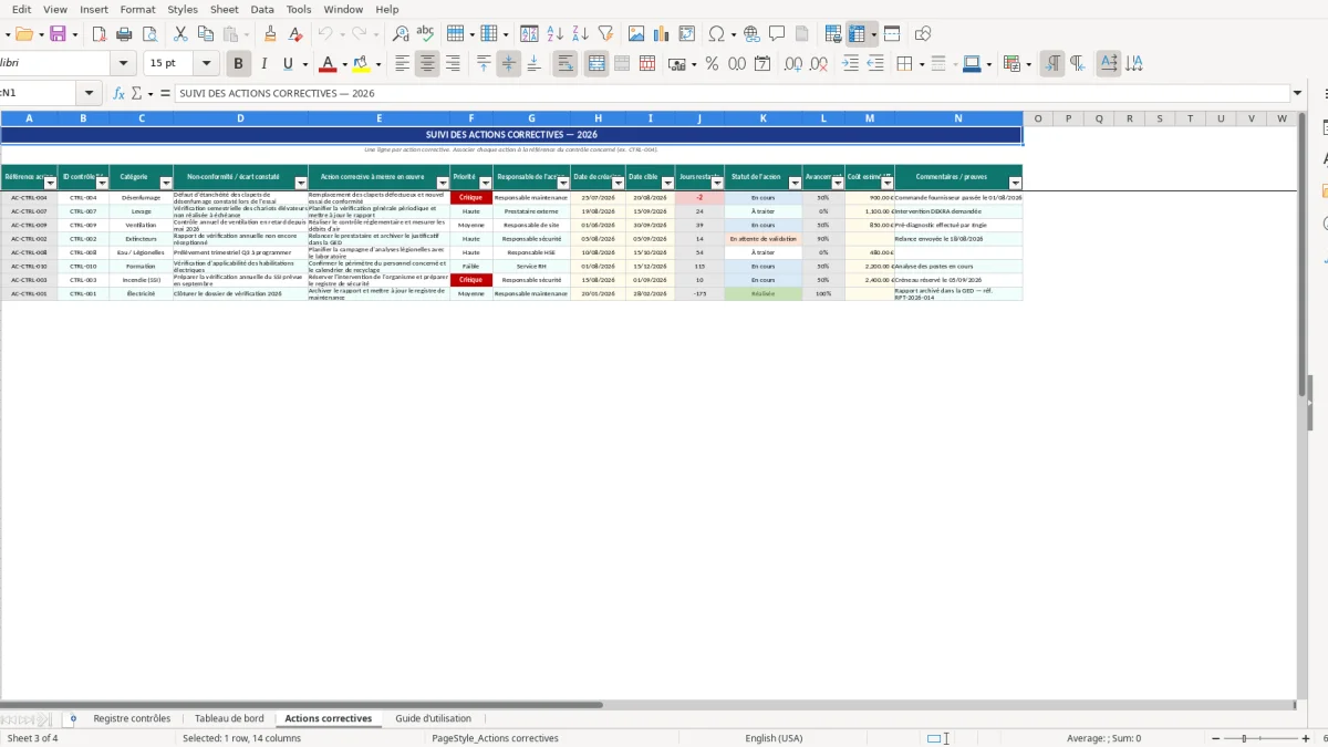 Screenshot 3: Actions correctives tab - Excel template tableau de suivi des contrôles réglementaires excel 2026