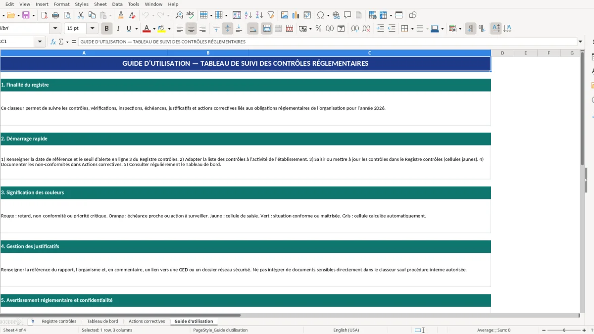 Screenshot 4: Guide d'utilisation tab - Excel template tableau de suivi des contrôles réglementaires excel 2026
