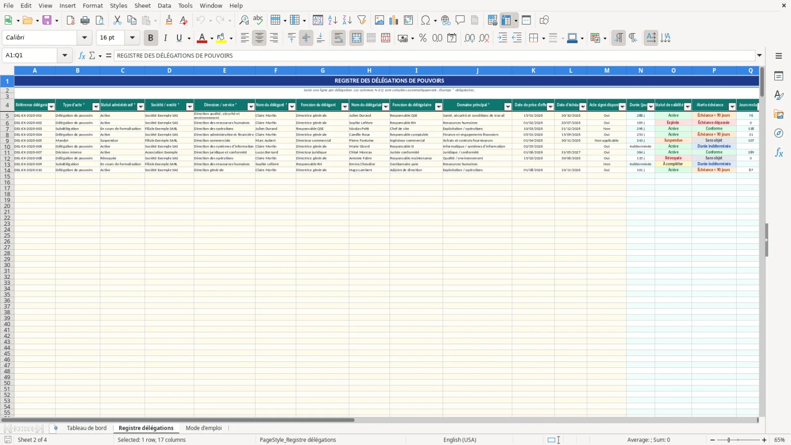Capture d'écran 2 : Feuille Registre délégations - Modèle Excel tableau de suivi des délégations de pouvoirs Excel