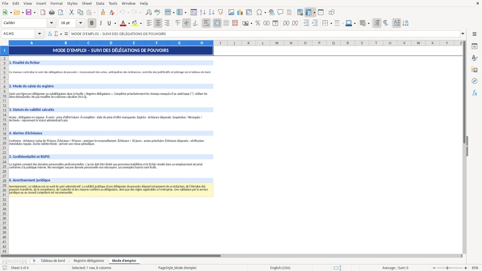 Capture d'écran 3 : Feuille Mode d'emploi - Modèle Excel tableau de suivi des délégations de pouvoirs Excel